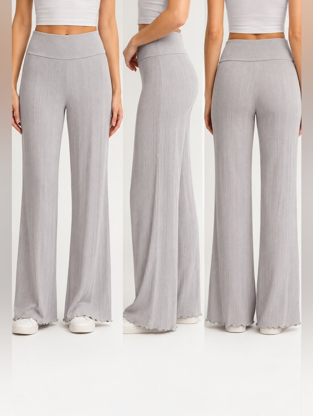 Everlane Ribbed Knit Flare Wide Leg Pants High Rise Pearl Gray Sz M NWT Stretch